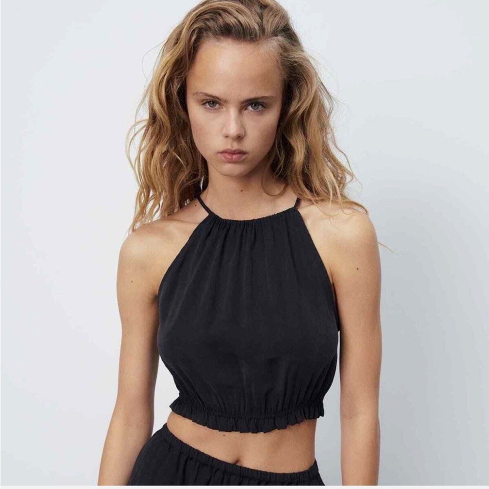 ZARA | Modal Halter Tie Bubble Crop Top - M Black